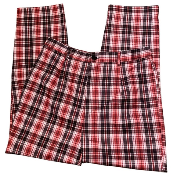 Allegra K Plaid Cropped Trousers Button Casual Tartan Check Work Pants Red Large - Picture 10 of 10